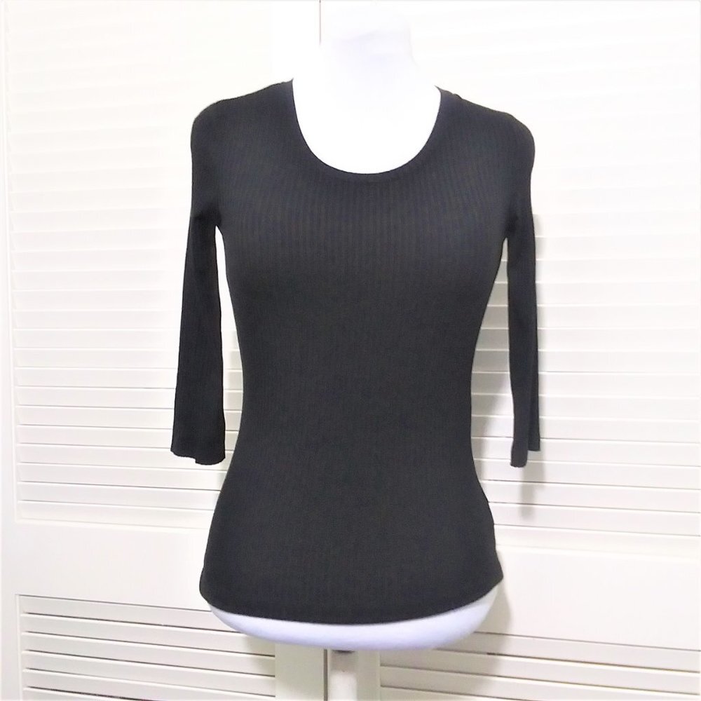 Rachel Zoe Top Black Soft Ribbed Knit 3/4 Sleeve Fitted Tee Shirt Womens X Small